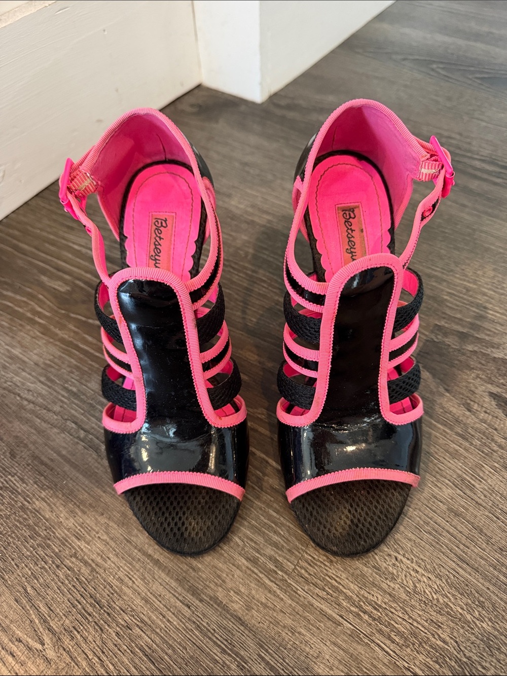 Betsey Johnson Black and Hot Pink Strappy Heel Sandals